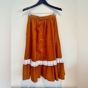 VTG LANDLUBBER Corduroy Skirt Ruffle Lace Trim Rust Orange Sz 9 70s 80s Western